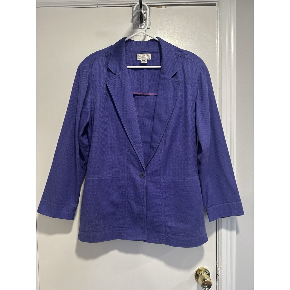 VTG 80s Christian Dior womens Sz10 purple cotton woven Lightweight Button blazer